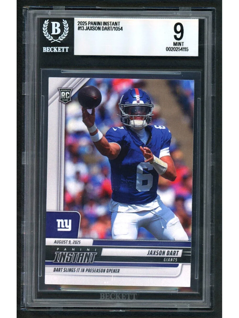 2025 Panini Instant NFL #13 Jaxson Dart Debut Giants Rookie (RC) BGS 9 Mint